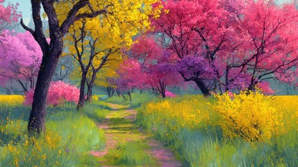 Fototapeta premium Vibrant Spring Landscape with Lush Blooming Trees and Serene Pathway in an Oil Painting Style