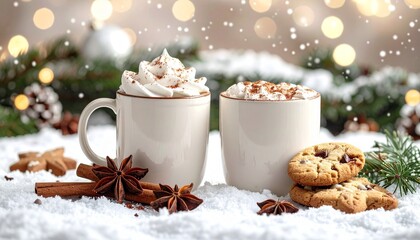 Two Creamy Hot Chocolate Cups with Whipped Cream Cookies Cinnamon Sticks Star Anise on Snowy Surface with Festive Background