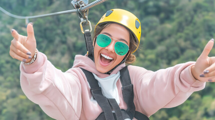 Young woman enjoying zipline adventure, showing thumbs up over green forest while feeling thrill and excitement