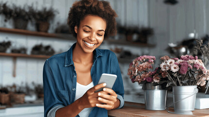Cheerful young woman enjoying a moment, looking at her mobile phone, with flowers decorating the background