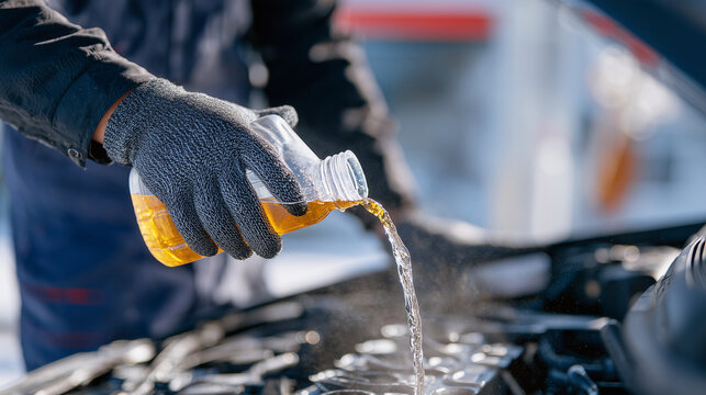 Mechanic&acirc;s gloved hand tilts a container of vibrant orange antifreeze, pouring into the open coolant tank, steam lightly rising as warm engine meets cold air, metallic textures and