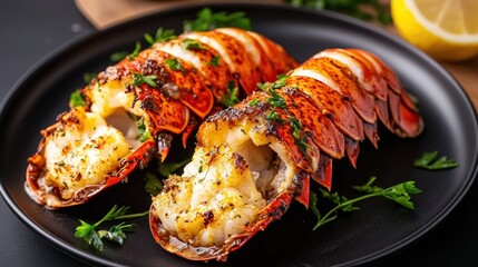 Grilled Lobster Tails Garnished With Parsley and Served With Lemon on a Black Plate