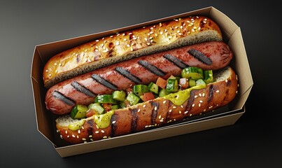 Grilled Sausage Hotdog With Toppings Inside a Sesame Seed Bun Sits in a Box