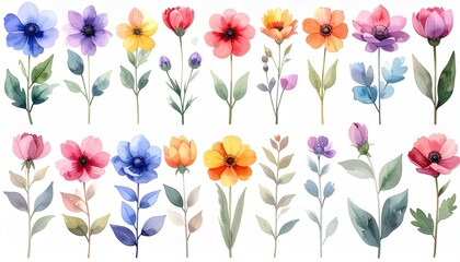 Obraz premium Watercolor Floral Arrangement Collection of Colorful Flowers and Green Leaves on White Background