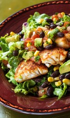 Delicious Fish Taco Salad on a Brown Plate Features Grilled Fish, Lettuce, Black Beans, Corn, Tomato, and Avocado