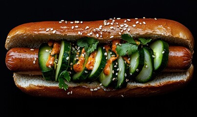Gourmet Hot Dog With Cucumber, Cilantro, Sauce, and Sesame Seeds on a Black Background