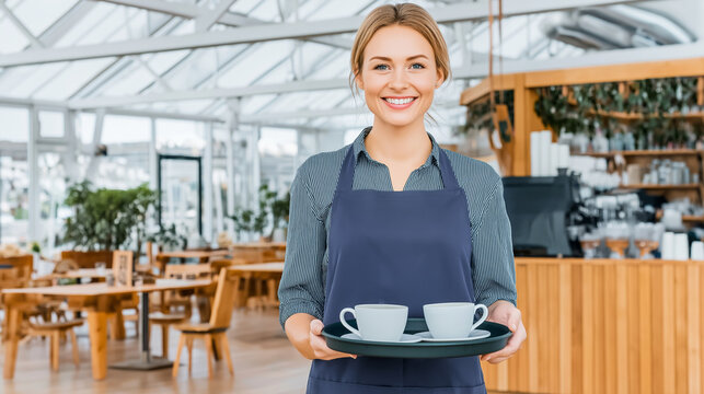 Amiable female barista serving customers in a modern coffee shop, offering top notch customer service with a friendly demeanor