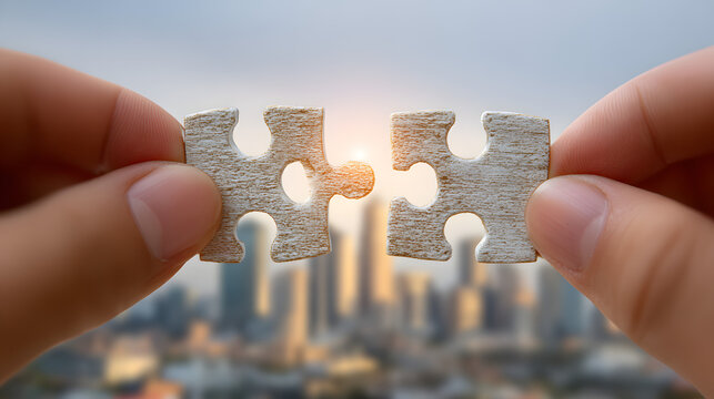 two hands connecting puzzle pieces against a defocused cityscape, symbolizing problem solving and teamwork in a business context.