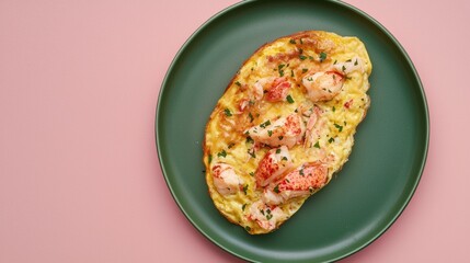 Omelet With Lobster Meat and Herbs Rests on a Dark Green Plate With a Pink Background