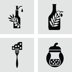 Set of food icons olive oil cheese and jam minimalist vector design for restaurant menu and product packaging