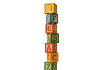 Wooden alphabet blocks stacked high, spelling, learning, childhood education, developing language skills, transparent background