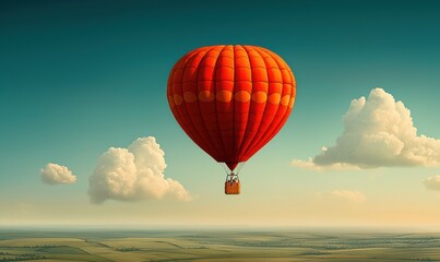 Warm Red Hot Air Balloon Gently Floats in the Clear Blue Sky Above the Green Fields During the Afternoon