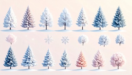 Winter Forest Elements with Snow Covered Trees and Isolated Snowflake Graphics on Light Pink Background