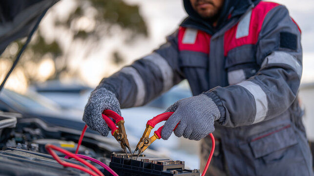 Mechanicâs gloved hands attaching heavy-duty booster cables to a low battery, crisp close-up of clamps biting onto oxidized terminals, cold weather environment, blue-tinted morning