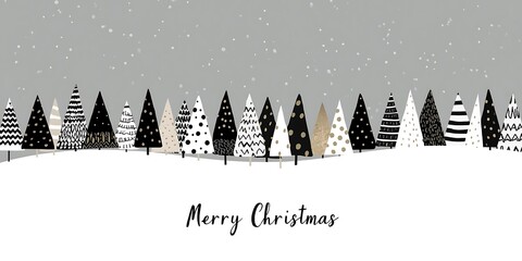 Whimsical black and white christmas trees in a snowy landscape