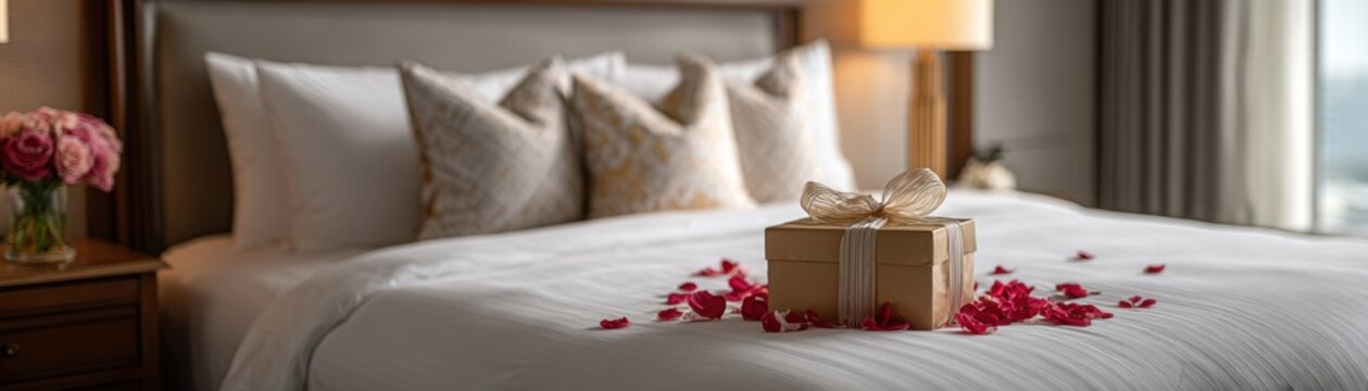 Elegant hotel room setup with romantic ambiance, rose petals on white bedsheets, luxury gift box of massage products arranged on bedside table, warm golden lighting