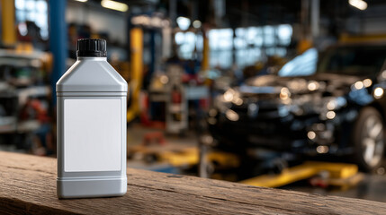 Blank-label antifreeze bottle standing on auto repair shop table, tools and engine parts blurred in background, bright workshop lighting