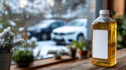 Motor oil bottle on garage table with snow lightly falling outside a window, blank label ready for branding