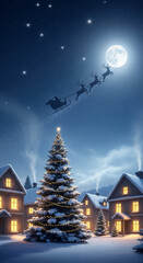 Fototapeta premium Scenic night view of snow-covered village with a decorated christmas tree, flying reindeer, santa and full moon, representing festive tradition.