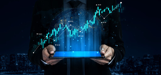 Stock market analysis with candlestick chart and price movement trend line, highlighting global financial trends, stock trading, and investment strategy insights Vouch