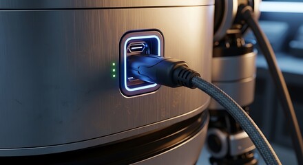 Close-up of a modern electronic device being charged via a USB-C cable, with illuminated indicator lights.