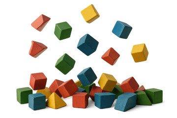 Obraz premium Colorful wooden toy blocks falling and tumbling, creating a dynamic visual, isolated on transparent background