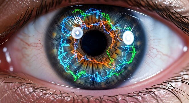 Close-up of a human eye with a futuristic digital pattern overlaid on the iris, representing data and technology.
