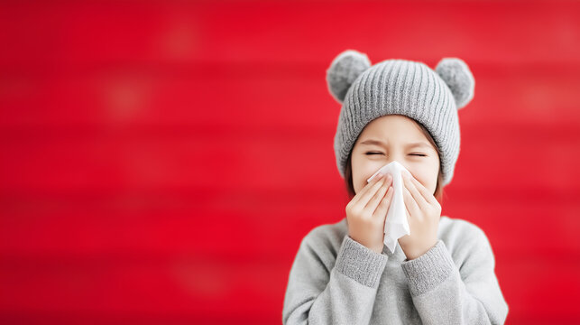 Child wearing a grey knit hat and sweater, sneezing or blowing nose with a tissue, experiencing symptoms of illness or allergy