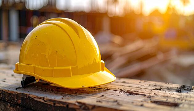 Yellow hard hat on wooden surface, construction site on backdrop. Protective helmet. Building industry - Powered by Adobe