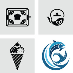 Collection of food and drink icons including baking pan teapot ice cream cone and fish vector logo design elements for branding and menu design