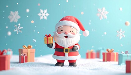 Fototapeta premium Cheerful Santa Claus Holding Gift Surrounded By Snowflakes on Light Blue Background