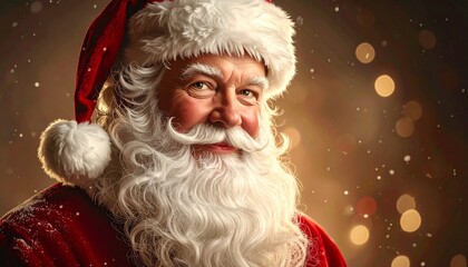 Close Up Portrait Of Smiling Senior Man With White Beard Wearing Santa Claus Outfit With Red Hat And Christmas Decor Against A Blurred Background