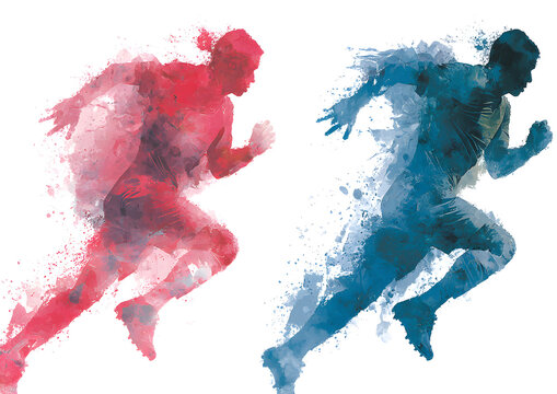 set of watercolor design of a red and blue soccer player. man isolated on white background. Fit jumping man in action, jump, movement at game. Generative ai
