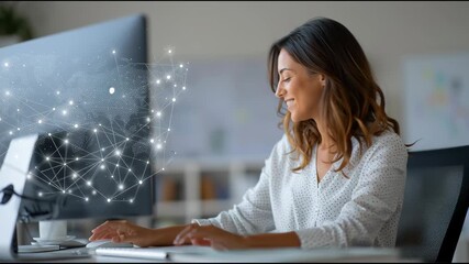 Digital Dream Weaver: A woman, immersed in her work, radiates contentment as she navigates the digital world, lines of connection symbolizing innovation. 