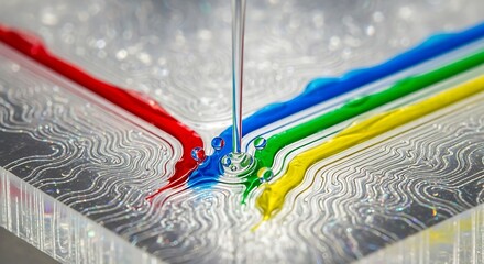 Vibrant colored liquids flowing through intricate channels on a metallic surface, representing innovation and progress.