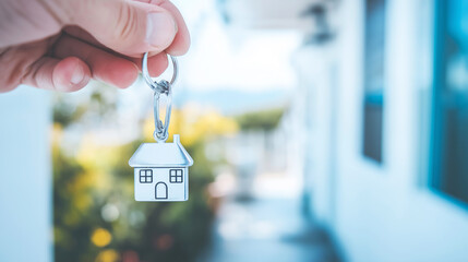 Hand holding house keychain, symbolizing new home ownership, real estate investment, and property concept