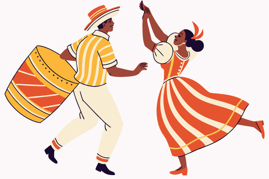 Traditional Uruguayan candombe dance with ornate costumes, modern flat illustration style