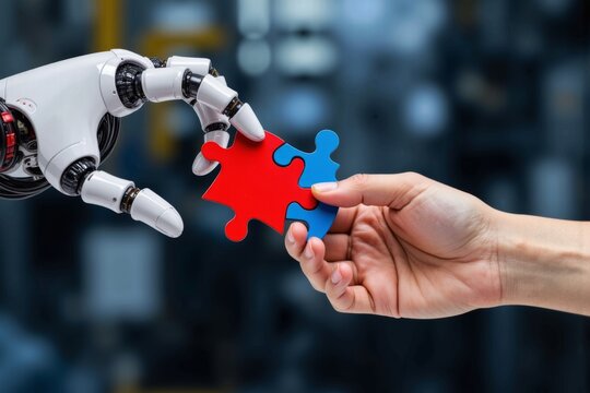 Close-up of robot and human hands holding red and blue jigsaw puzzle with fingers intertwined.