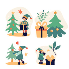 The image is a collection of four Christmas-themed illustrations featuring elves and a tree