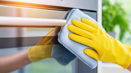 Hand in yellow glove cleaning oven glass door, wiping kitchen appliance for hygiene and home spotless surfaces
