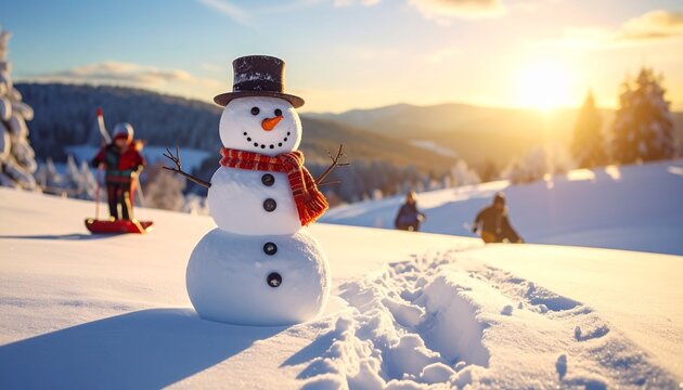 Snowman Stands Proudly Amidst Winter Landscape With People Enjoying the Snow on a Sunny Day
