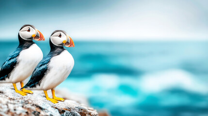 Fototapeta premium Atlantic puffins standing on rocky cliff overlooking blue ocean, wild marine birds in natural habitat