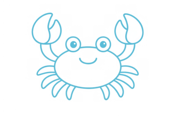 Cute cartoon crab illustration with smiling face, big claws, and large eyes, representing marine life and summer fun