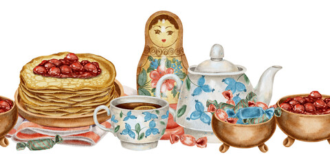 Watercolor illustration Russian tea with pancakes cherry jam candies floral teapot teacup traditional matryoshka doll. for Maslenitsa celebration folk culture design packaging and holiday decoration.