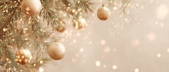 Clean minimal corporate holiday banner with subtle fir branches and elegant gold accents. Modern professional layout with wide negative space for business messaging.