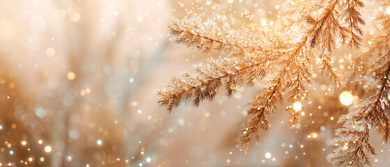 Clean minimal corporate holiday banner with subtle fir branches and elegant gold accents. Modern professional layout with wide negative space for business messaging.