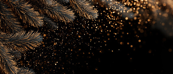 Clean minimal corporate holiday banner with subtle fir branches and elegant gold accents. Modern professional layout with wide negative space for business messaging.