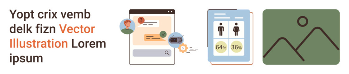Online communication, data visualization, info sharing, digital documentation, user interface design, graphic media. A chat interface, statistical data and an image frame. Online communication