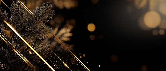 Clean minimal corporate holiday banner with subtle fir branches and elegant gold accents. Modern professional layout with wide negative space for business messaging.