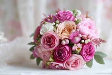 Obraz premium Stunning Floral Arrangement for Weddings with Elegant Pink Roses and Lush Greenery